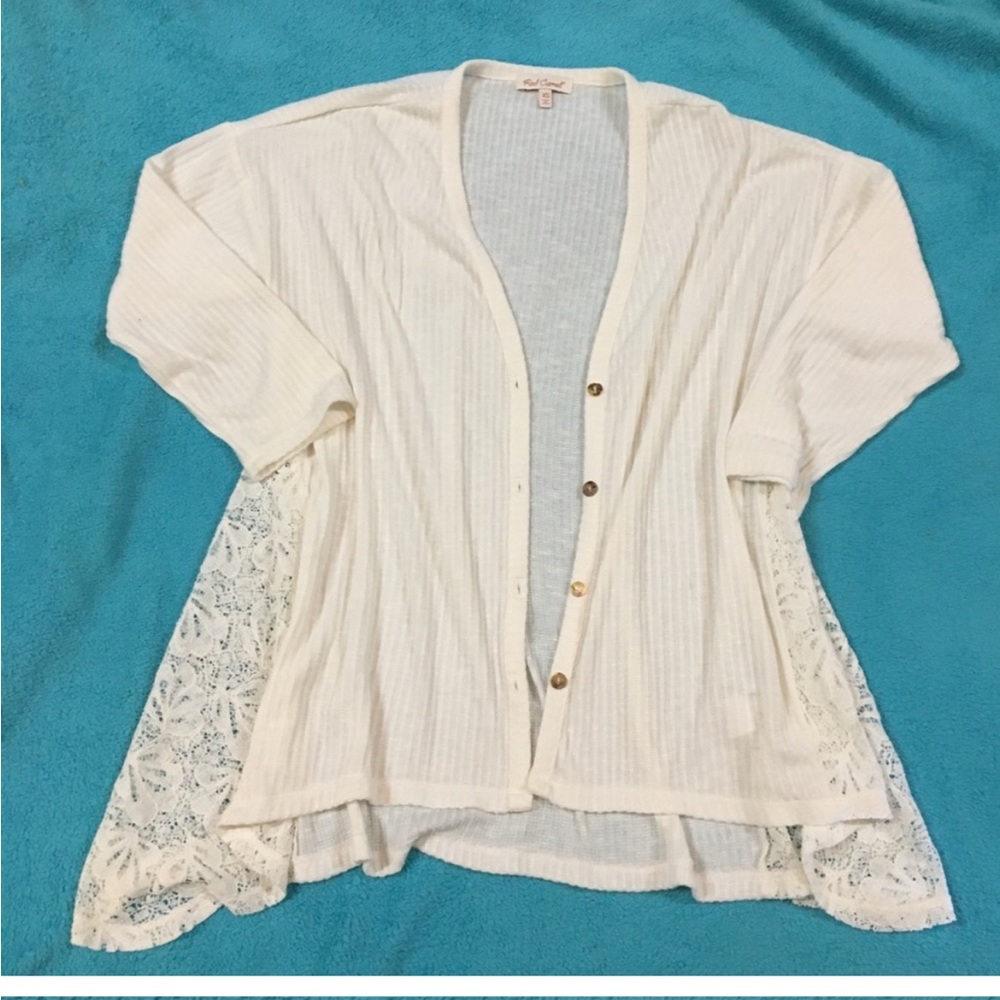 Cream color button front sweater cardigan with side lace insets